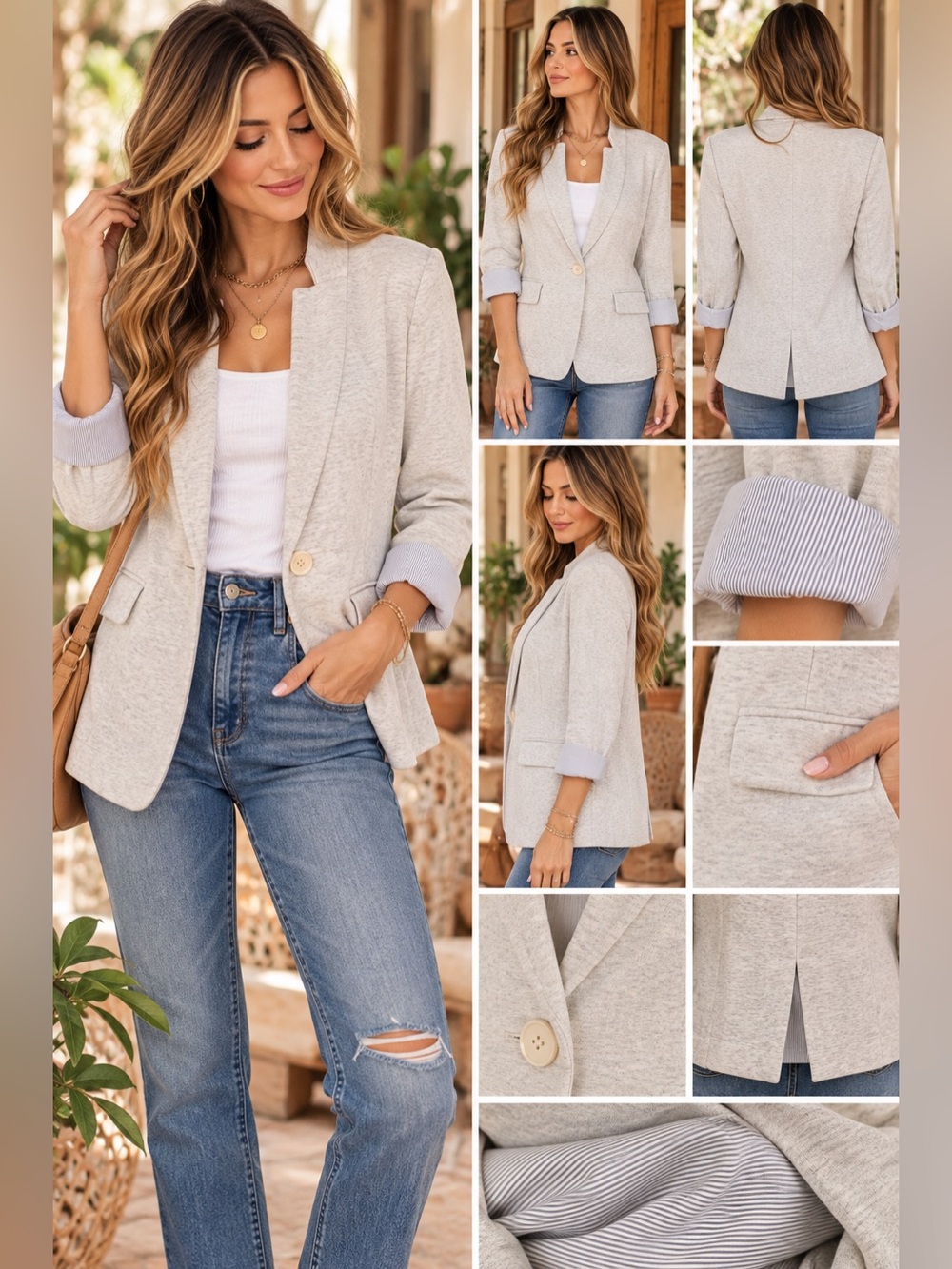 Light Gray Knit Blazer Jacket with Single-Button Closure